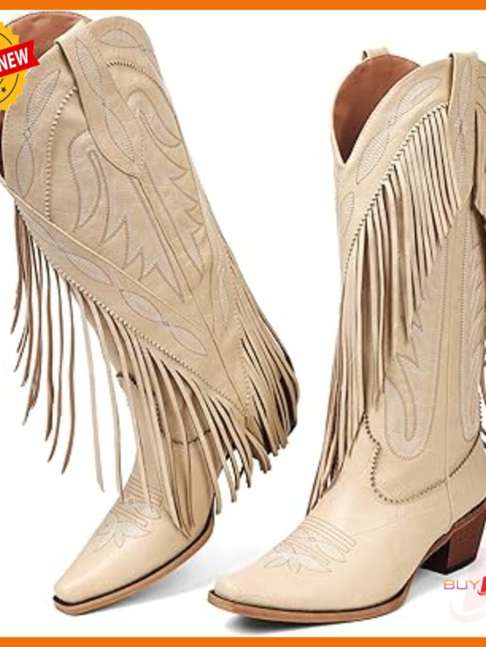 Fringe Cowgirl Boots Retro Square Toe Chunky Heel Mid Calf Western